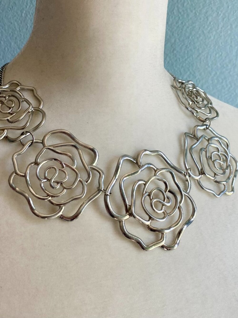 Silver Tone Roses Statement Necklace Adjustable Collar Length